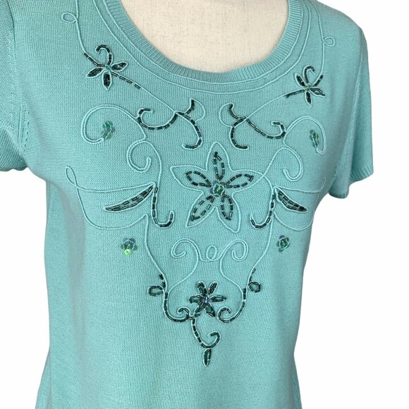 Requirements Fine Knit Beaded Sweater Women Size 8 Aqua Cap Sleeve - Picture 2 of 7